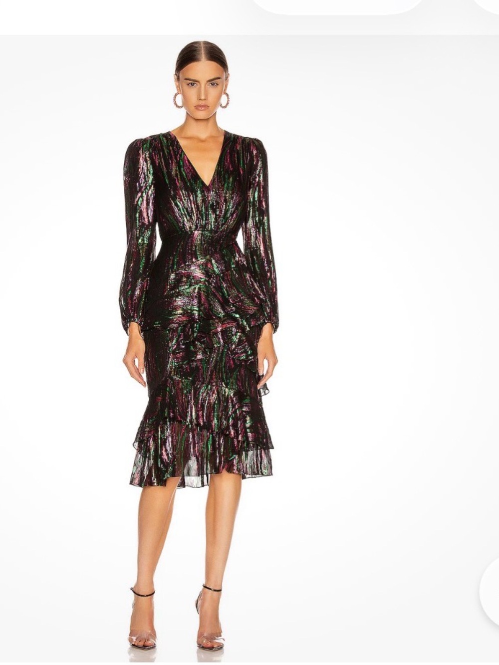 Saloni Black Rainbow Metallic Lurex Silk Alya Ruffle Tier Midi Dress